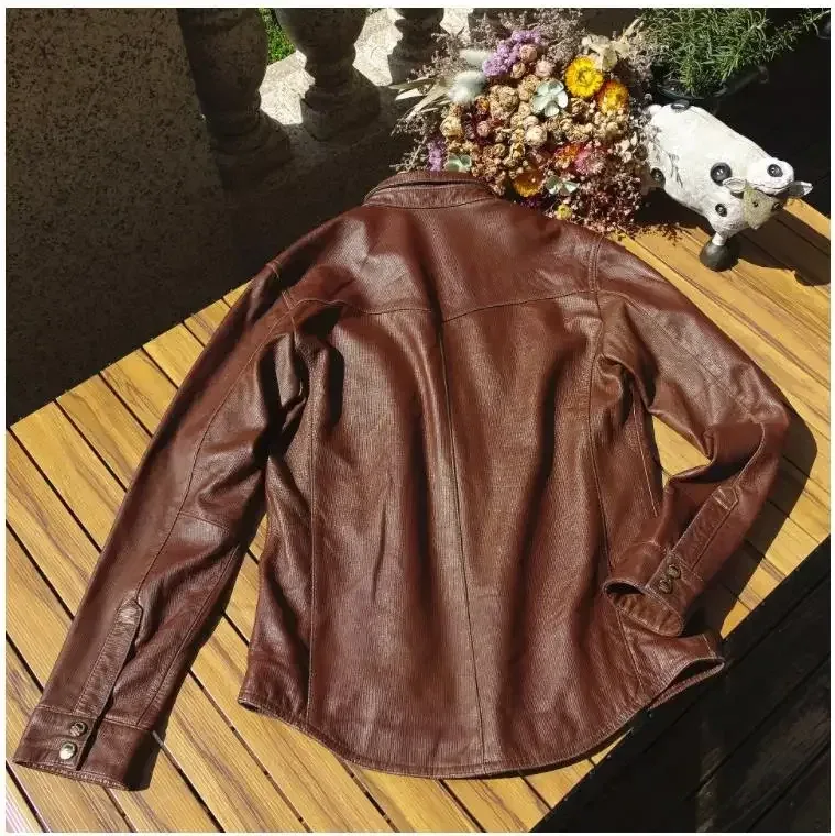 Men’s Vintage Genuine Sheepskin Leather Shirt Jacket – Slim Fit Natural Leather Coat, Classic Retro Fashion Outerwear for Men - Image 3