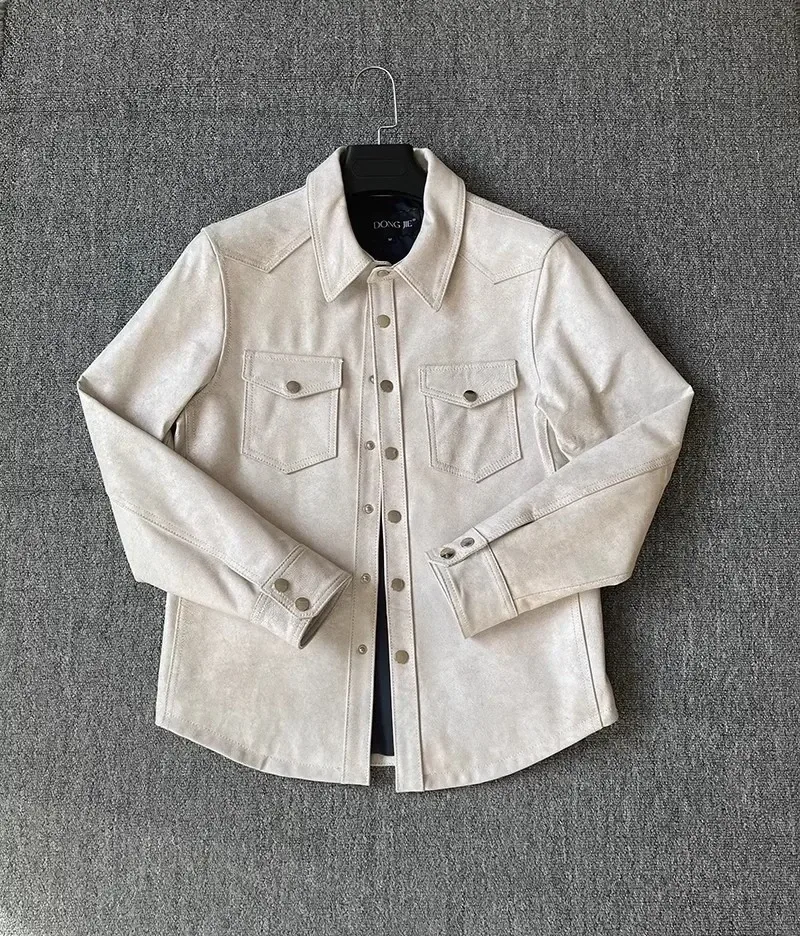 Men’s Vintage Genuine Sheepskin Leather Shirt Jacket – Slim Fit Natural Leather Coat, Classic Retro Fashion Outerwear for Men