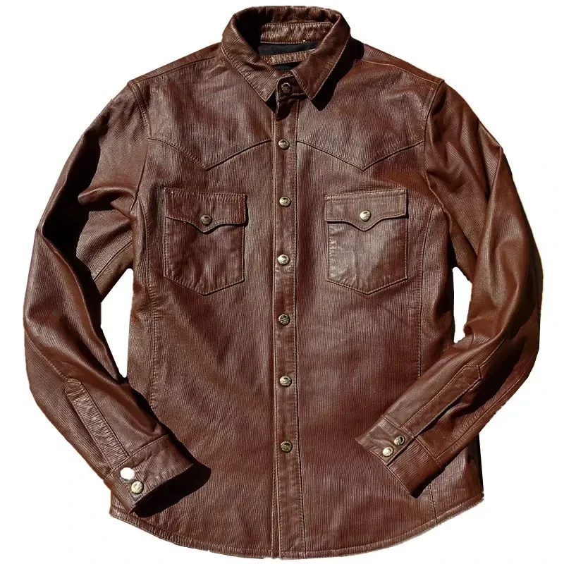 Men’s Vintage Genuine Sheepskin Leather Shirt Jacket – Slim Fit Natural Leather Coat, Classic Retro Fashion Outerwear for Men - Image 6
