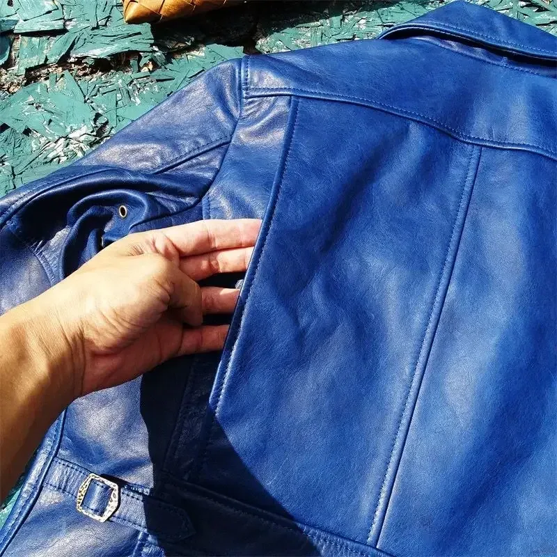 Men’s Genuine Horsehide Leather Jacket – Luxury Blue Real Leather Coat for Spring & Autumn (5XL Plus Size) - Image 3