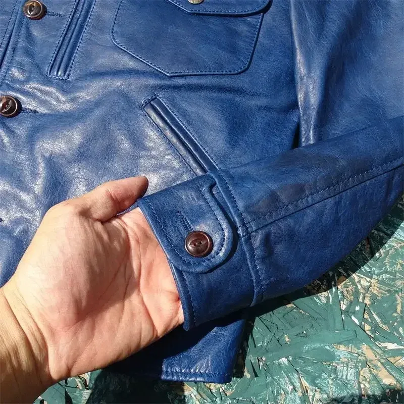 Men’s Genuine Horsehide Leather Jacket – Luxury Blue Real Leather Coat for Spring & Autumn (5XL Plus Size) - Image 5