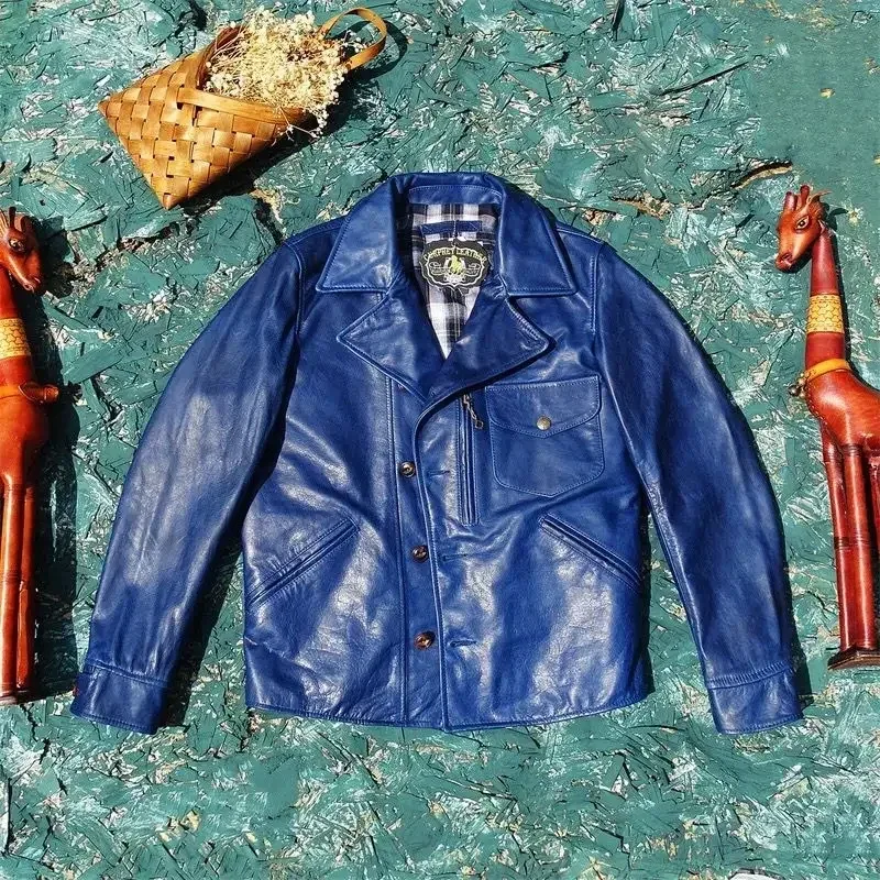 Men’s Genuine Horsehide Leather Jacket – Luxury Blue Real Leather Coat for Spring & Autumn (5XL Plus Size) - Image 6