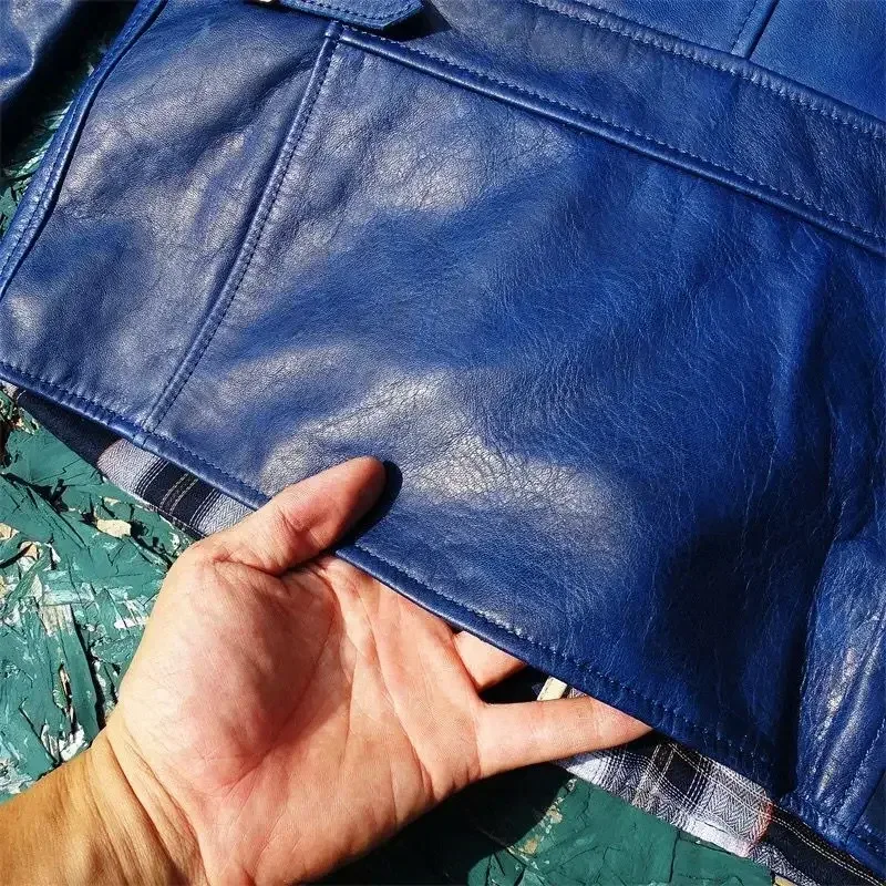 Men’s Genuine Horsehide Leather Jacket – Luxury Blue Real Leather Coat for Spring & Autumn (5XL Plus Size) - Image 4