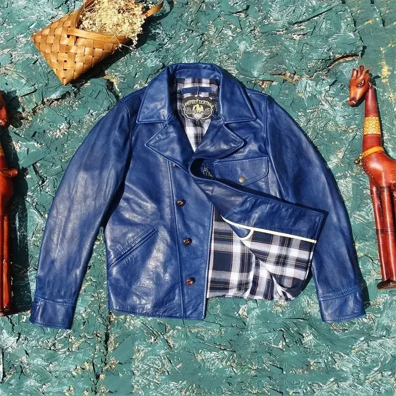 Men’s Genuine Horsehide Leather Jacket – Luxury Blue Real Leather Coat for Spring & Autumn (5XL Plus Size)