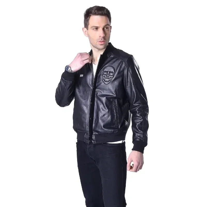 Men’s Genuine Sheepskin Leather Jacket – 100% Soft Real Leather Skull Design Coat for Spring Season - Image 2