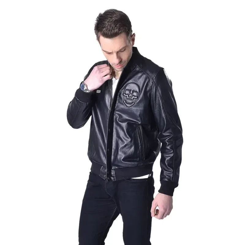 Men’s Genuine Sheepskin Leather Jacket – 100% Soft Real Leather Skull Design Coat for Spring Season - Image 3