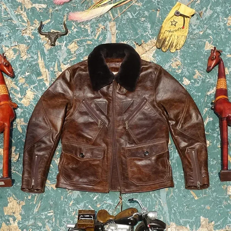 Men’s Retro Brown & Navy Leather Jacket – Vintage Thick Cowhide Winter Coat for Warmth and Comfort (Plus Size) - Image 5