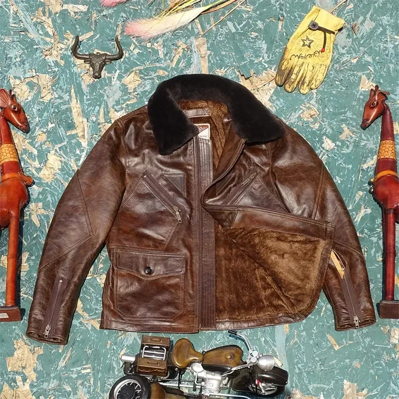 Men’s Retro Brown & Navy Leather Jacket – Vintage Thick Cowhide Winter Coat for Warmth and Comfort (Plus Size) - Image 2