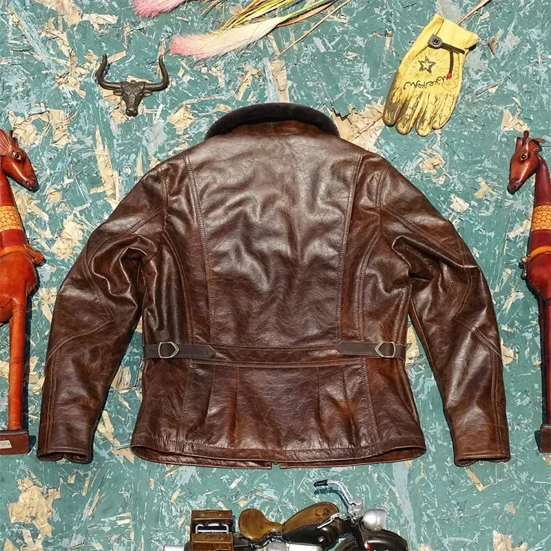 Men’s Retro Brown & Navy Leather Jacket – Vintage Thick Cowhide Winter Coat for Warmth and Comfort (Plus Size) - Image 3