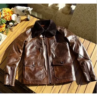 Men’s Retro Brown & Navy Leather Jacket – Vintage Thick Cowhide Winter Coat for Warmth and Comfort (Plus Size)