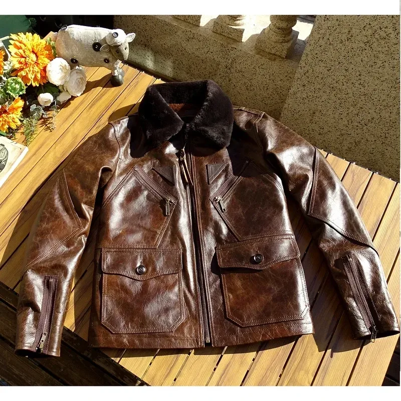 Men’s Retro Brown & Navy Leather Jacket – Vintage Thick Cowhide Winter Coat for Warmth and Comfort (Plus Size)