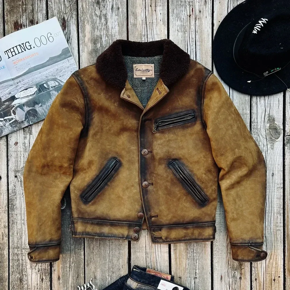 Men’s Slim Vintage Italian Tuscany Cowhide Leather Jacket – Genuine Leather Storm Rider Coat with Fur Collar & Wool Lining - Image 2