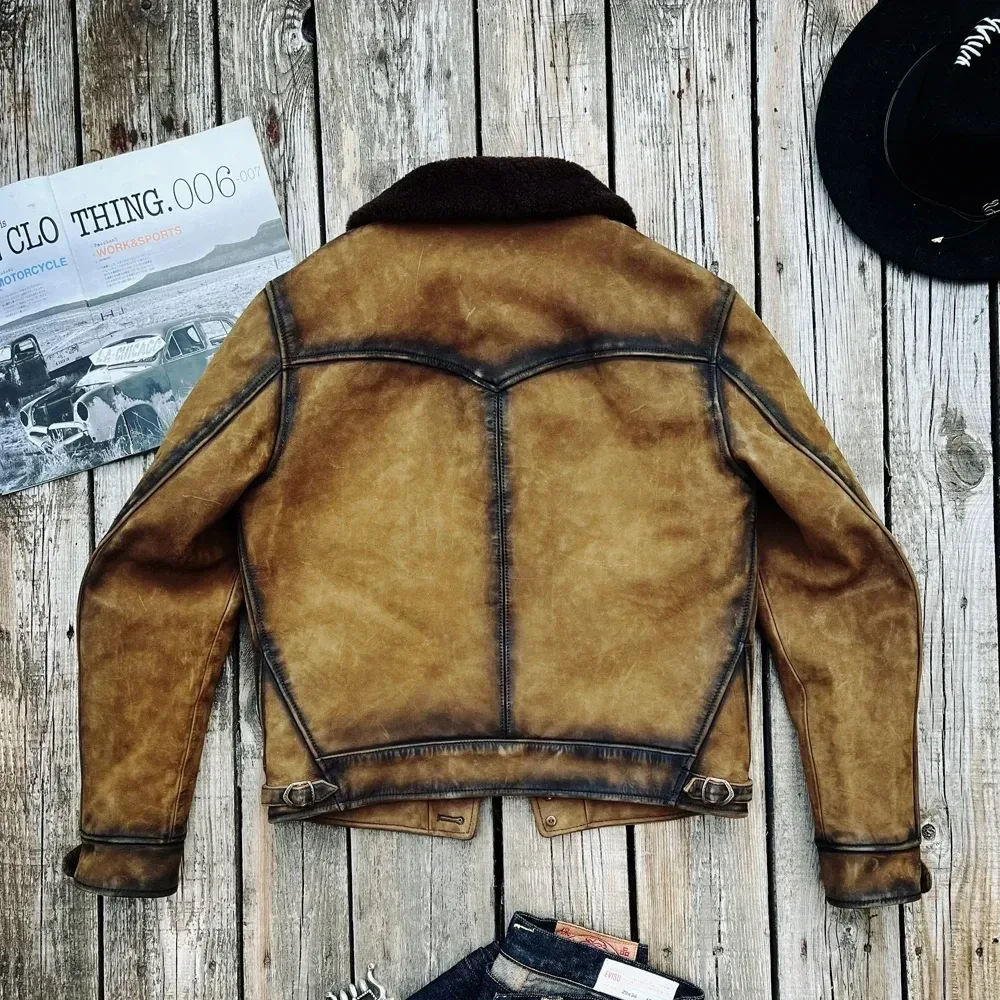 Men’s Slim Vintage Italian Tuscany Cowhide Leather Jacket – Genuine Leather Storm Rider Coat with Fur Collar & Wool Lining - Image 3
