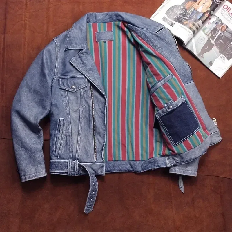 Men’s Classic Motorcycle Leather Jacket – Vintage Denim Blue Real Cowhide Short Biker Coat with Matte Finish - Image 2
