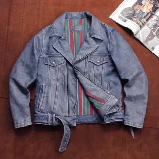 Men’s Classic Motorcycle Leather Jacket – Vintage Denim Blue Real Cowhide Short Biker Coat with Matte Finish