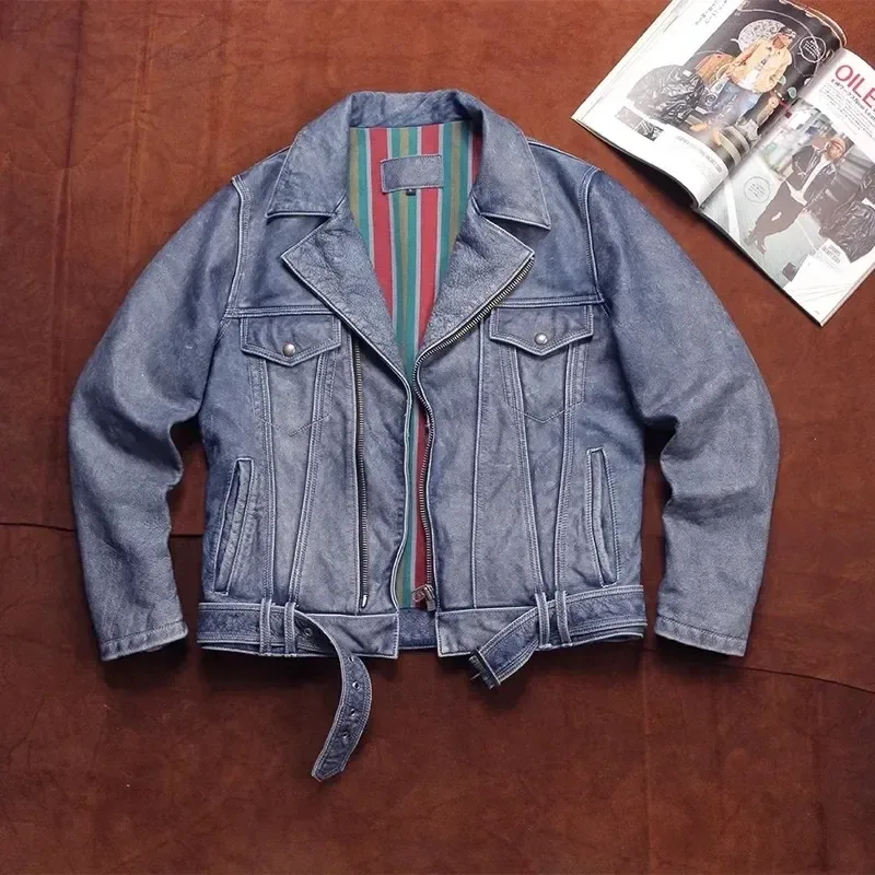 Men’s Classic Motorcycle Leather Jacket – Vintage Denim Blue Real Cowhide Short Biker Coat with Matte Finish - Image 6