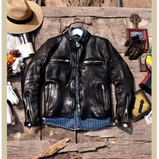 Men’s Luxury Vintage Motorcycle Jacket – Genuine Italian Tanned Sheepskin Leather Slim Fit Coat