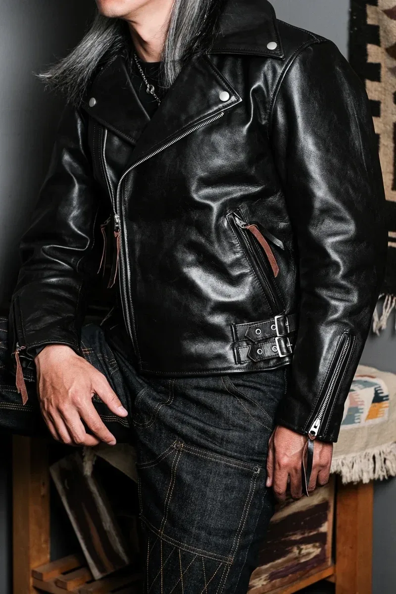 Men’s Japanese Rider Style Leather Coat – 2024 Limited Edition Heavy Tea-Core Horsehide Jacket, Luxury Polish Genuine Leather Wear - Image 4