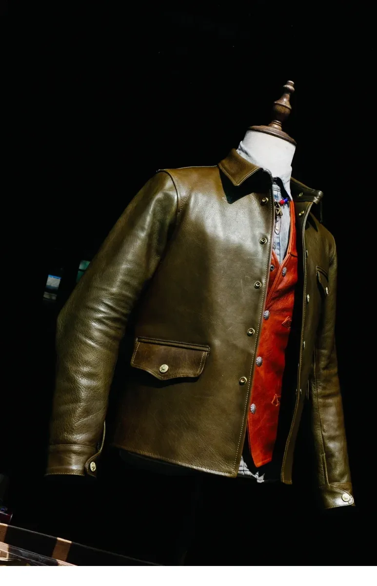 Men’s Customized Genuine Leather Coat – Classic Casual Brakeman Style Luxury Rare Green Edition - Image 3