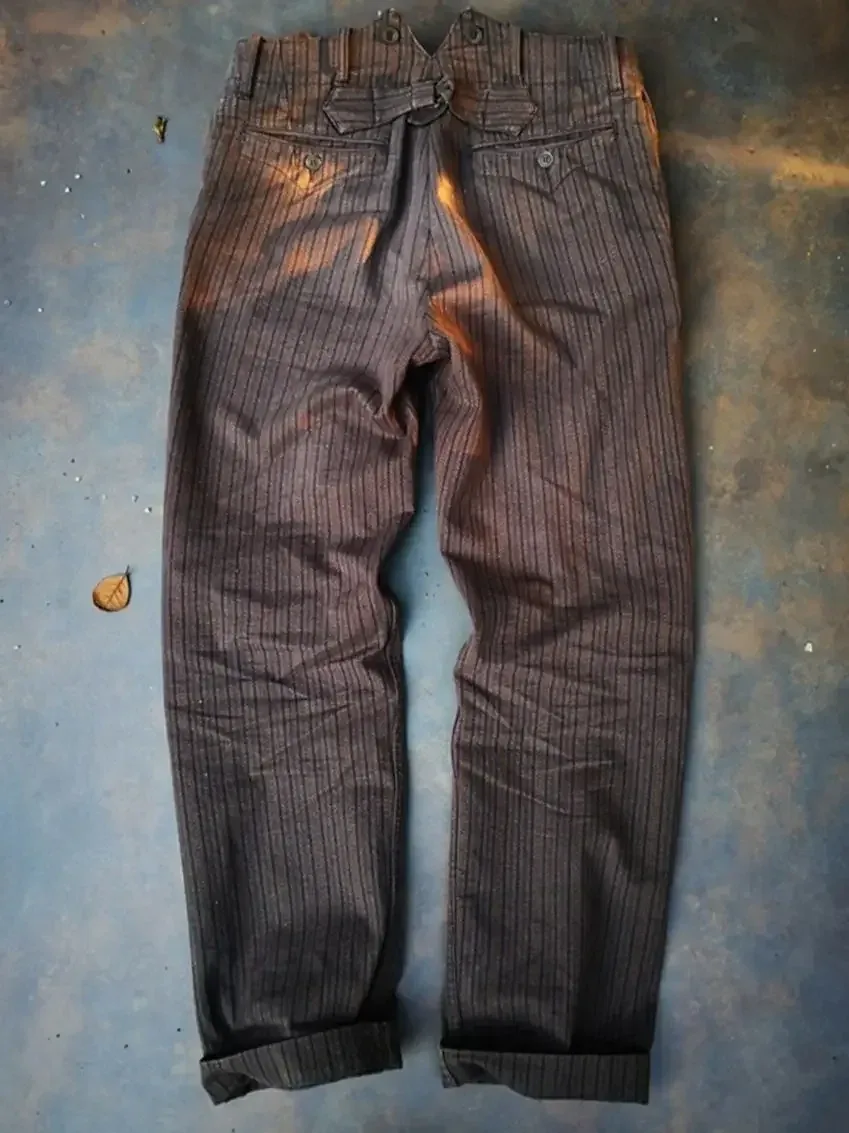 Men's Striped Tweed Pants Salt Pepper High Waist French Vintage Style Workwear - Image 5