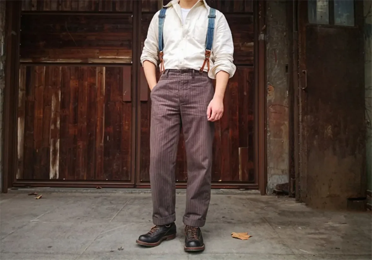 Men's Striped Tweed Pants Salt Pepper High Waist French Vintage Style Workwear - Image 4