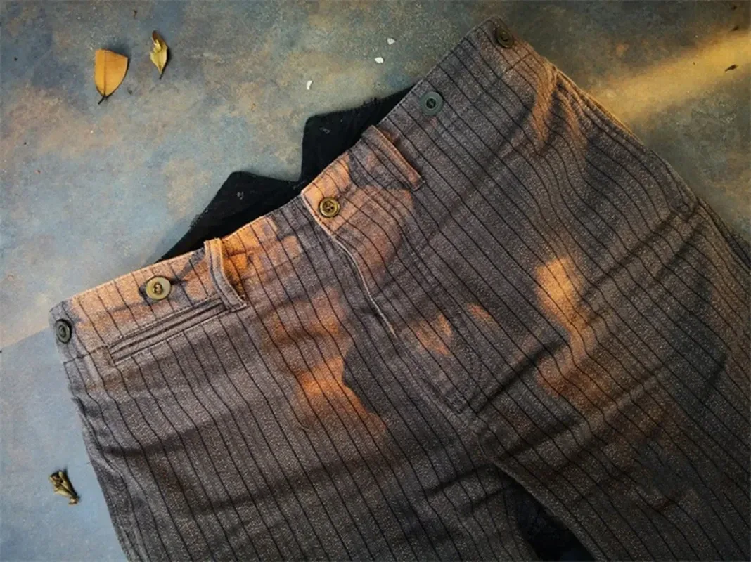 Men's Striped Tweed Pants Salt Pepper High Waist French Vintage Style Workwear - Image 6