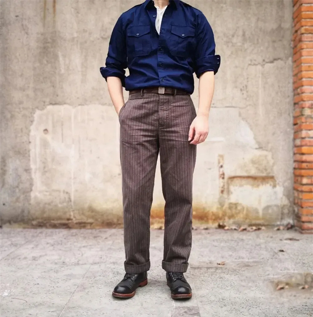 Men's Striped Tweed Pants Salt Pepper High Waist French Vintage Style Workwear - Image 3