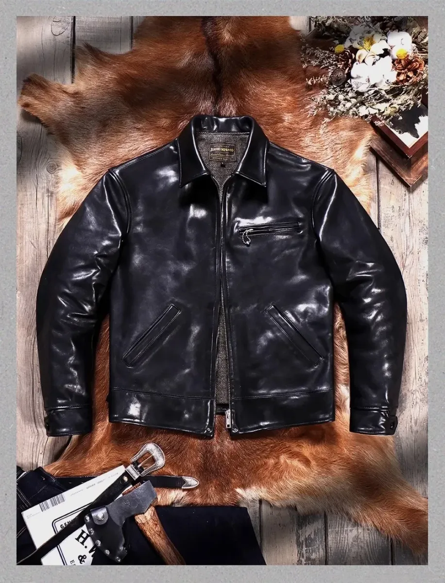 Men’s Classic Rider Leather Jacket – Vintage 1930s Heavy Calfskin Coat, Luxury Uncoated Tanned Cowhide Design - Image 6