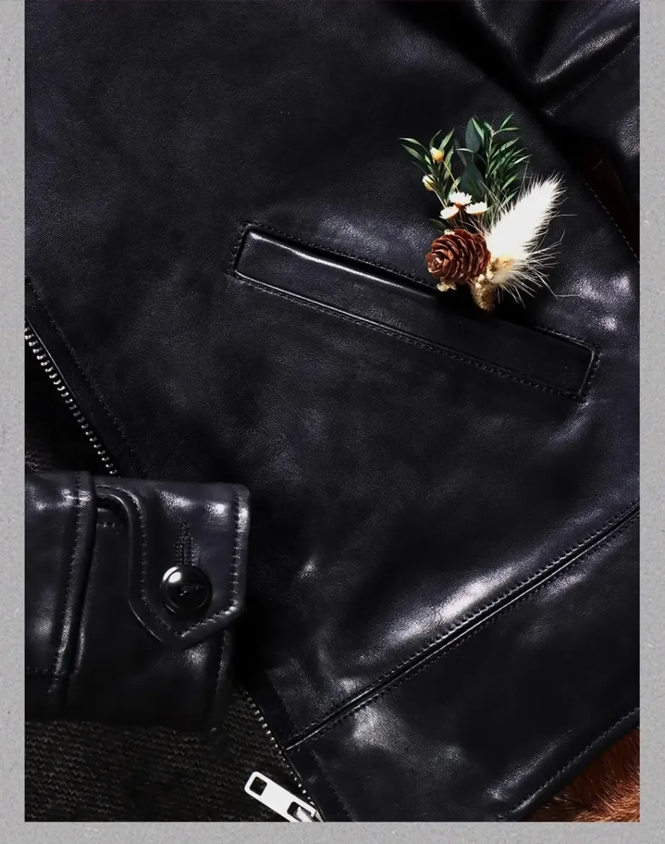 Men’s Classic Rider Leather Jacket – Vintage 1930s Heavy Calfskin Coat, Luxury Uncoated Tanned Cowhide Design - Image 5