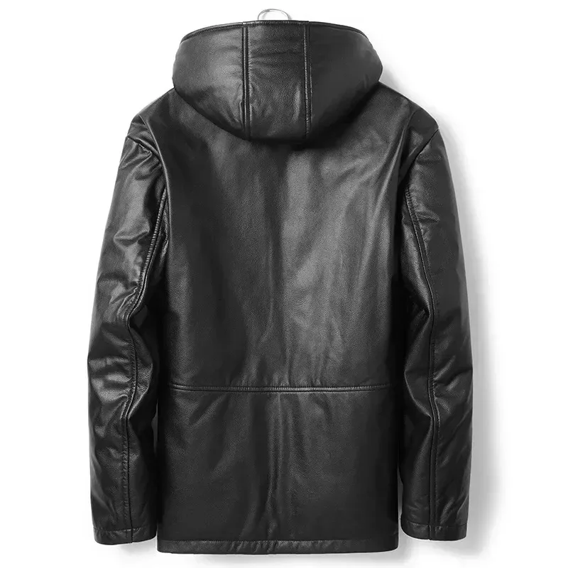 Men’s Genuine Cowhide Down Jacket – Real Leather Hooded Winter Coat, Fashion Mid-Length Warm Outerwear - Image 3