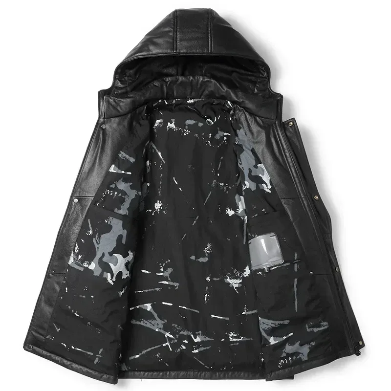 Men’s Genuine Cowhide Down Jacket – Real Leather Hooded Winter Coat, Fashion Mid-Length Warm Outerwear - Image 2