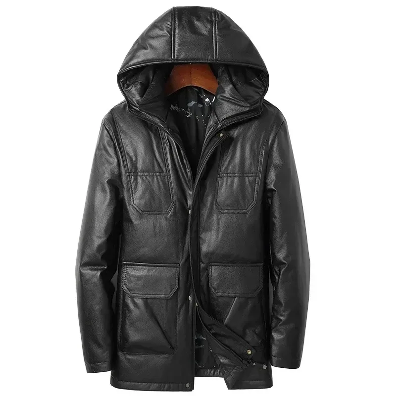Men’s Genuine Cowhide Down Jacket – Real Leather Hooded Winter Coat, Fashion Mid-Length Warm Outerwear - Image 4