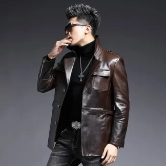 Men’s Mid-Length Genuine Sheepskin Leather Jacket – Fashion Casual Hunting Style Real Leather Coat for Spring & Fall