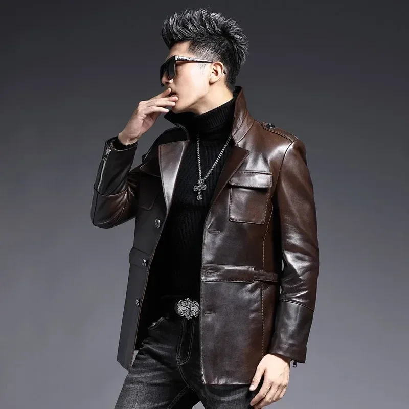 Men’s Mid-Length Genuine Sheepskin Leather Jacket – Fashion Casual Hunting Style Real Leather Coat for Spring & Fall