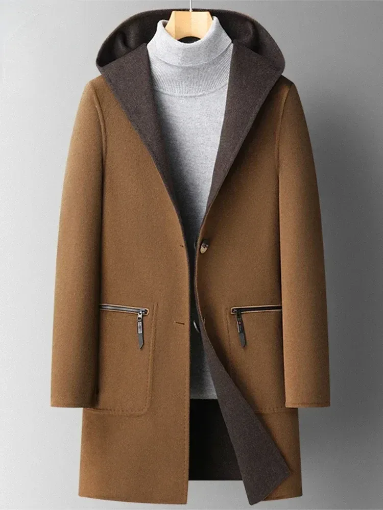 Men’s Reversible Hooded Wool Trench Coat – Mid-Length Double-Sided Woolen Overcoat for Autumn & Winter - Image 4