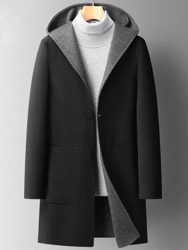 Men’s Reversible Hooded Wool Trench Coat – Mid-Length Double-Sided Woolen Overcoat for Autumn & Winter - Image 2