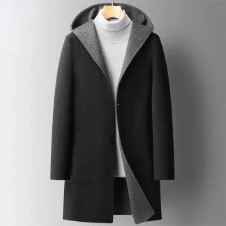 Men’s Reversible Hooded Wool Trench Coat – Mid-Length Double-Sided Woolen Overcoat for Autumn & Winter