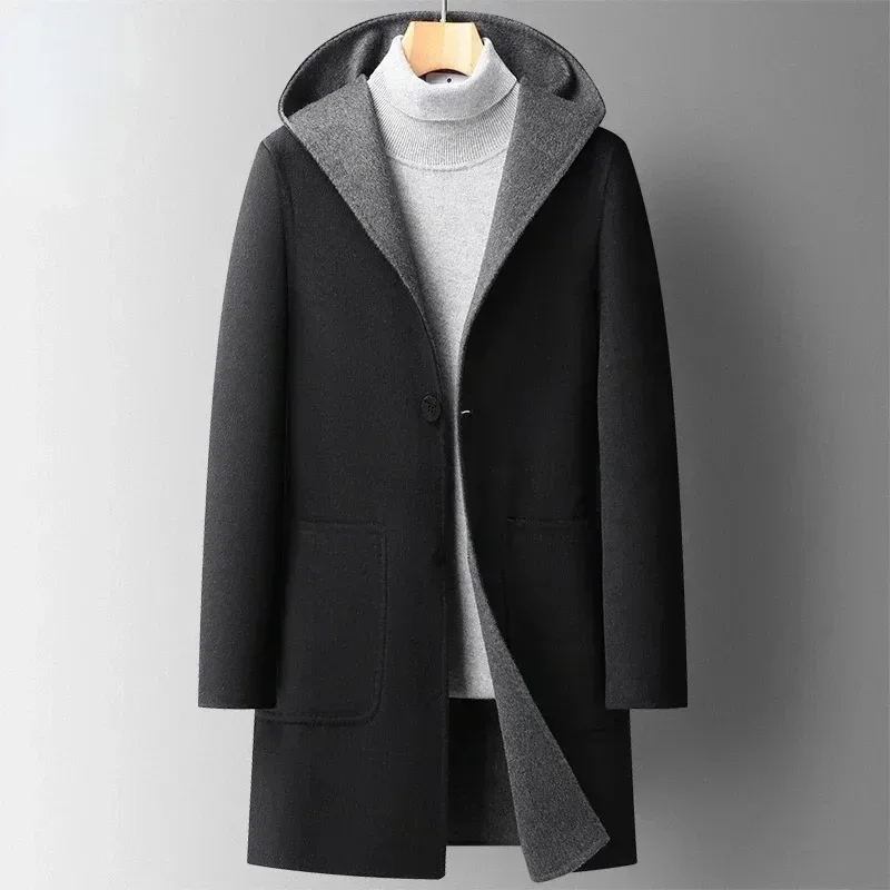 Men’s Reversible Hooded Wool Trench Coat – Mid-Length Double-Sided Woolen Overcoat for Autumn & Winter