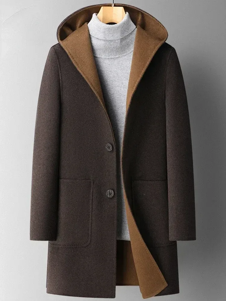 Men’s Reversible Hooded Wool Trench Coat – Mid-Length Double-Sided Woolen Overcoat for Autumn & Winter - Image 3