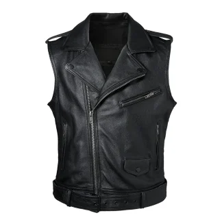 Men’s Classic Motorcycle Leather Vest – 100% Genuine Cowhide Sleeveless Biker Jacket with Oblique Zipper, Slim Fit Design