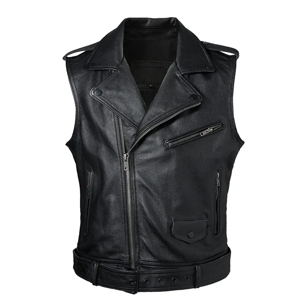 Men’s Classic Motorcycle Leather Vest – 100% Genuine Cowhide Sleeveless Biker Jacket with Oblique Zipper, Slim Fit Design
