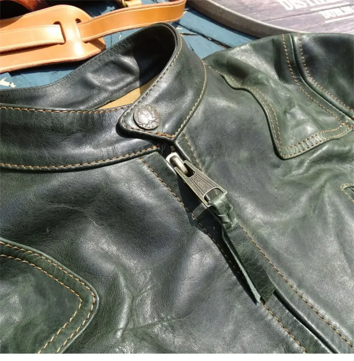 Men’s Vintage Genuine Horsehide Leather Jacket – Classic Biker Windbreaker Coat in Green, Oversized Fit up to 5XL - Image 3