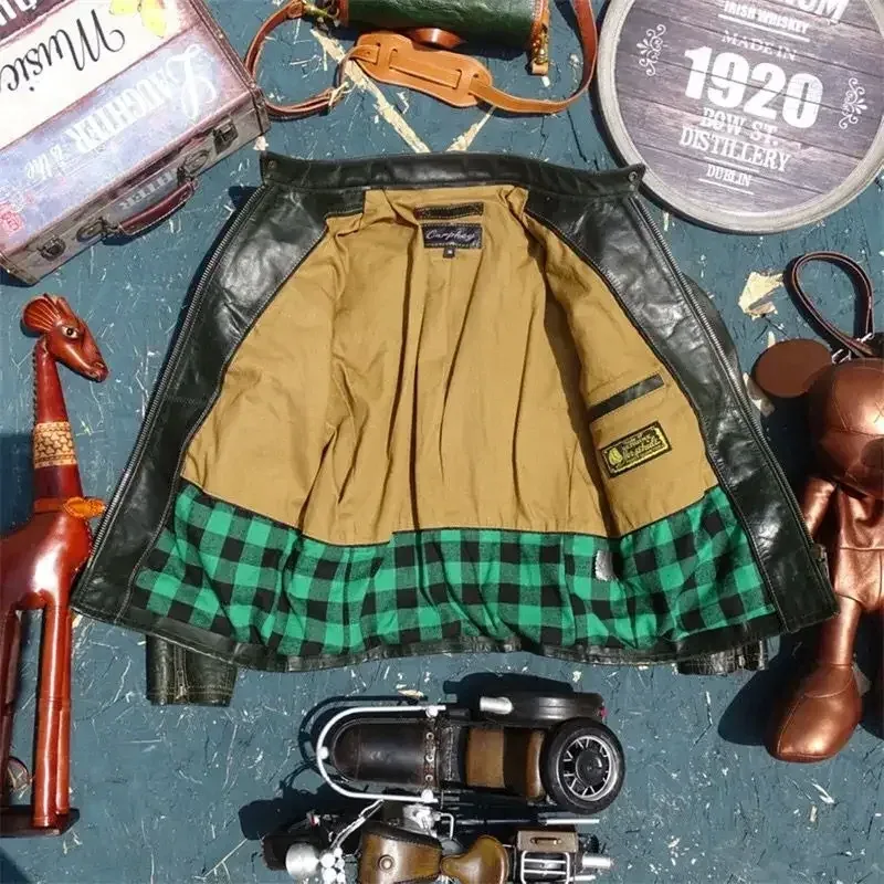 Men’s Vintage Genuine Horsehide Leather Jacket – Classic Biker Windbreaker Coat in Green, Oversized Fit up to 5XL