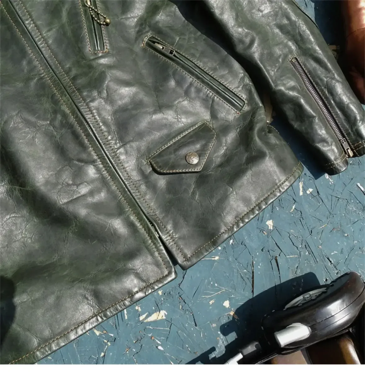 Men’s Vintage Genuine Horsehide Leather Jacket – Classic Biker Windbreaker Coat in Green, Oversized Fit up to 5XL - Image 4