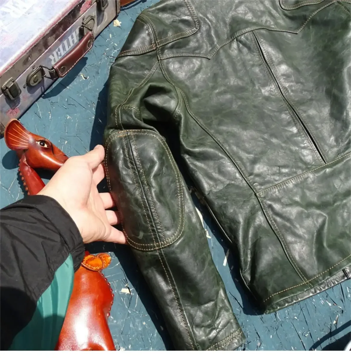 Men’s Vintage Genuine Horsehide Leather Jacket – Classic Biker Windbreaker Coat in Green, Oversized Fit up to 5XL - Image 5
