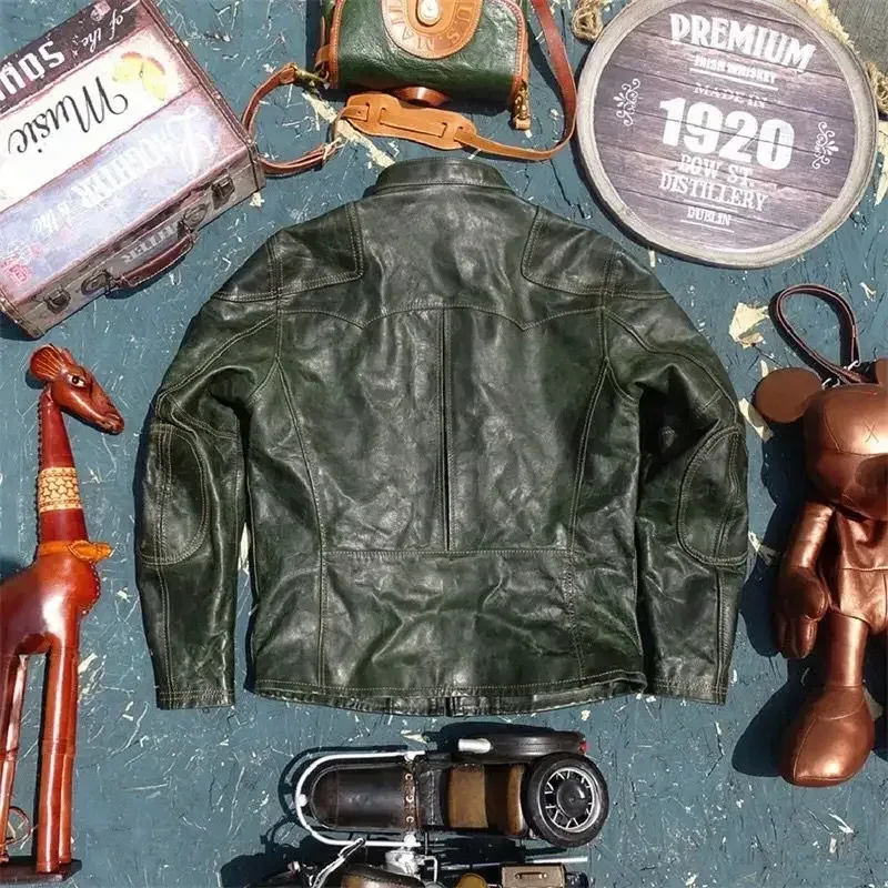 Men’s Vintage Genuine Horsehide Leather Jacket – Classic Biker Windbreaker Coat in Green, Oversized Fit up to 5XL - Image 2