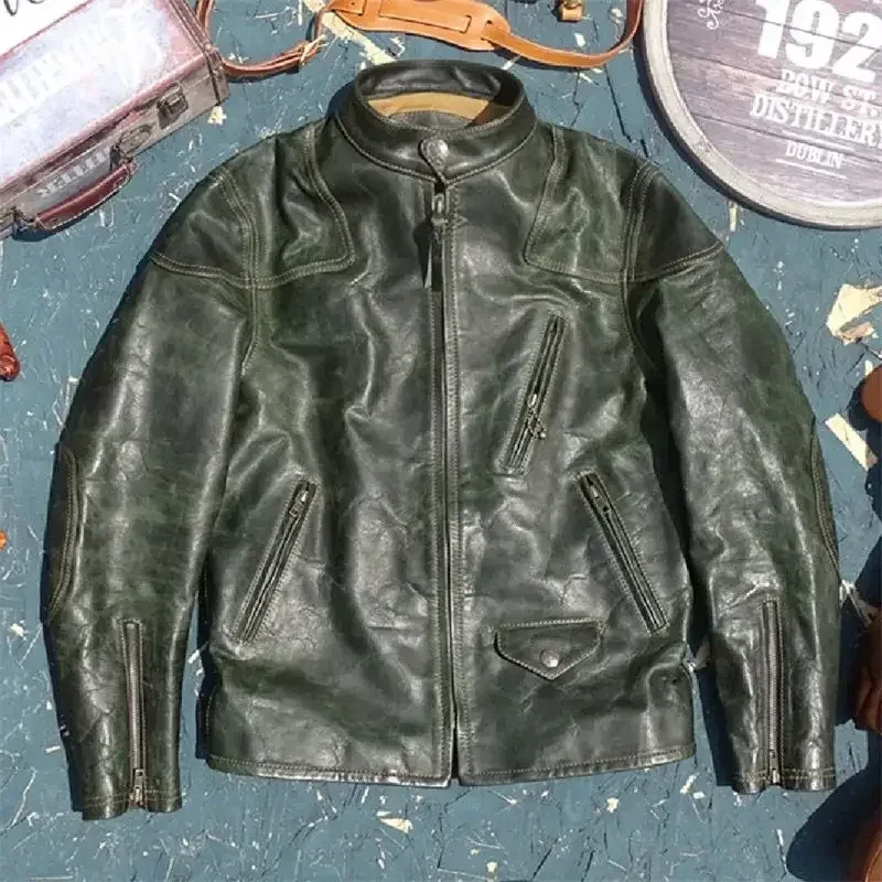 Men’s Vintage Genuine Horsehide Leather Jacket – Classic Biker Windbreaker Coat in Green, Oversized Fit up to 5XL - Image 6