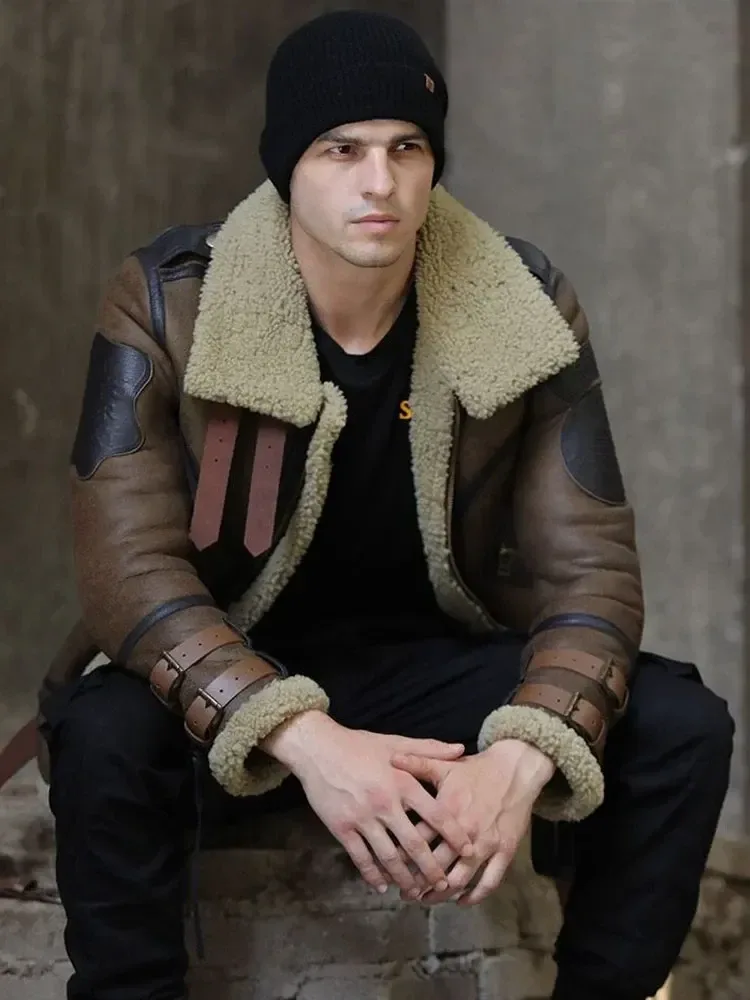 Men’s Luxury Winter Shearling Coat – Genuine Sheepskin Leather Jacket with Thick Wool Lining for Biker & Pilot Style (Oversized Fit)