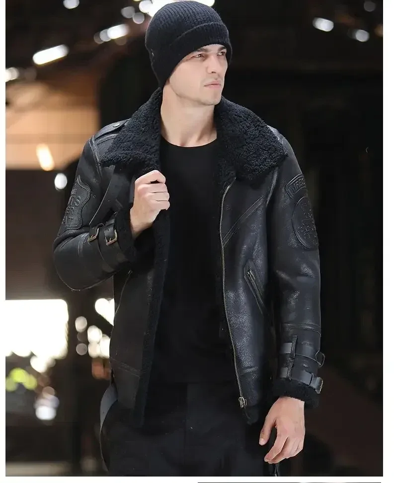 Men’s Luxury Winter Shearling Coat – Genuine Sheepskin Leather Jacket with Thick Wool Lining for Biker & Pilot Style (Oversized Fit) - Image 3