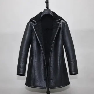 Men’s Long Shearling Sheepskin Coat – 100% Real Sheepskin Leather with Natural Wool Lining, Thick Warm Winter Overcoat